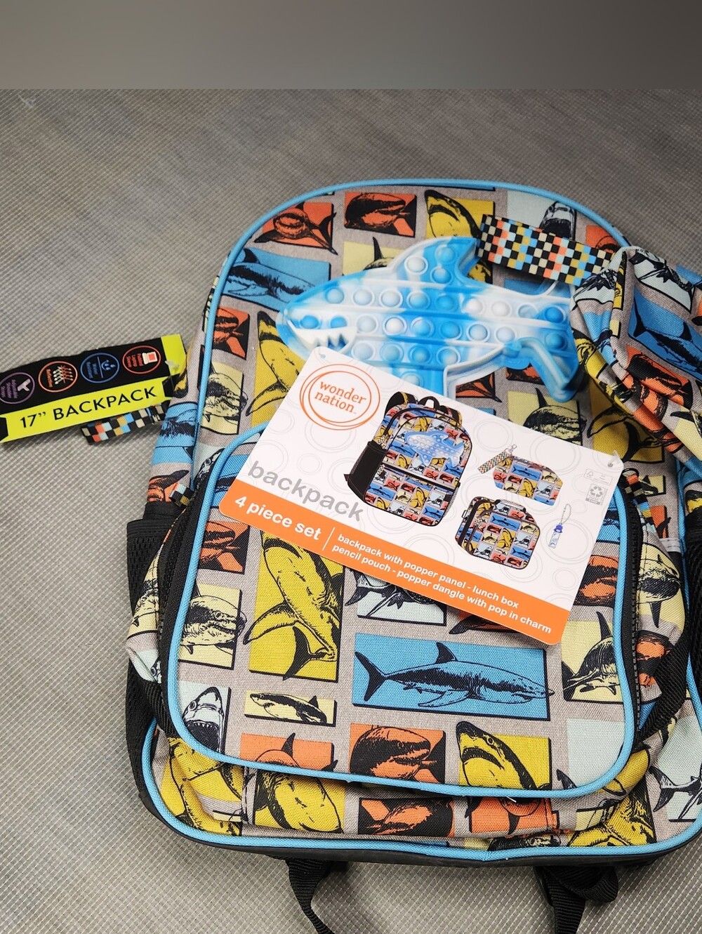 Wonder Nation Shark Print Kids Backpack Set - Blue, Yellow, Orange